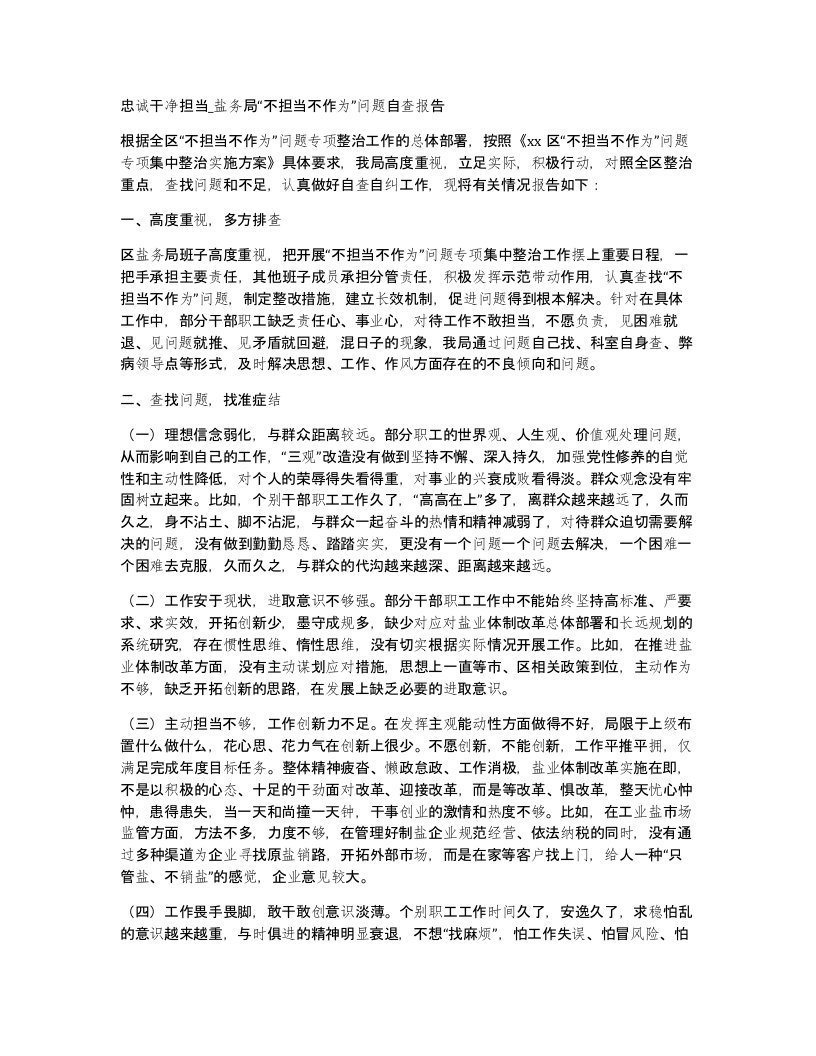 忠诚干净担当盐务局不担当不作为问题自查报告