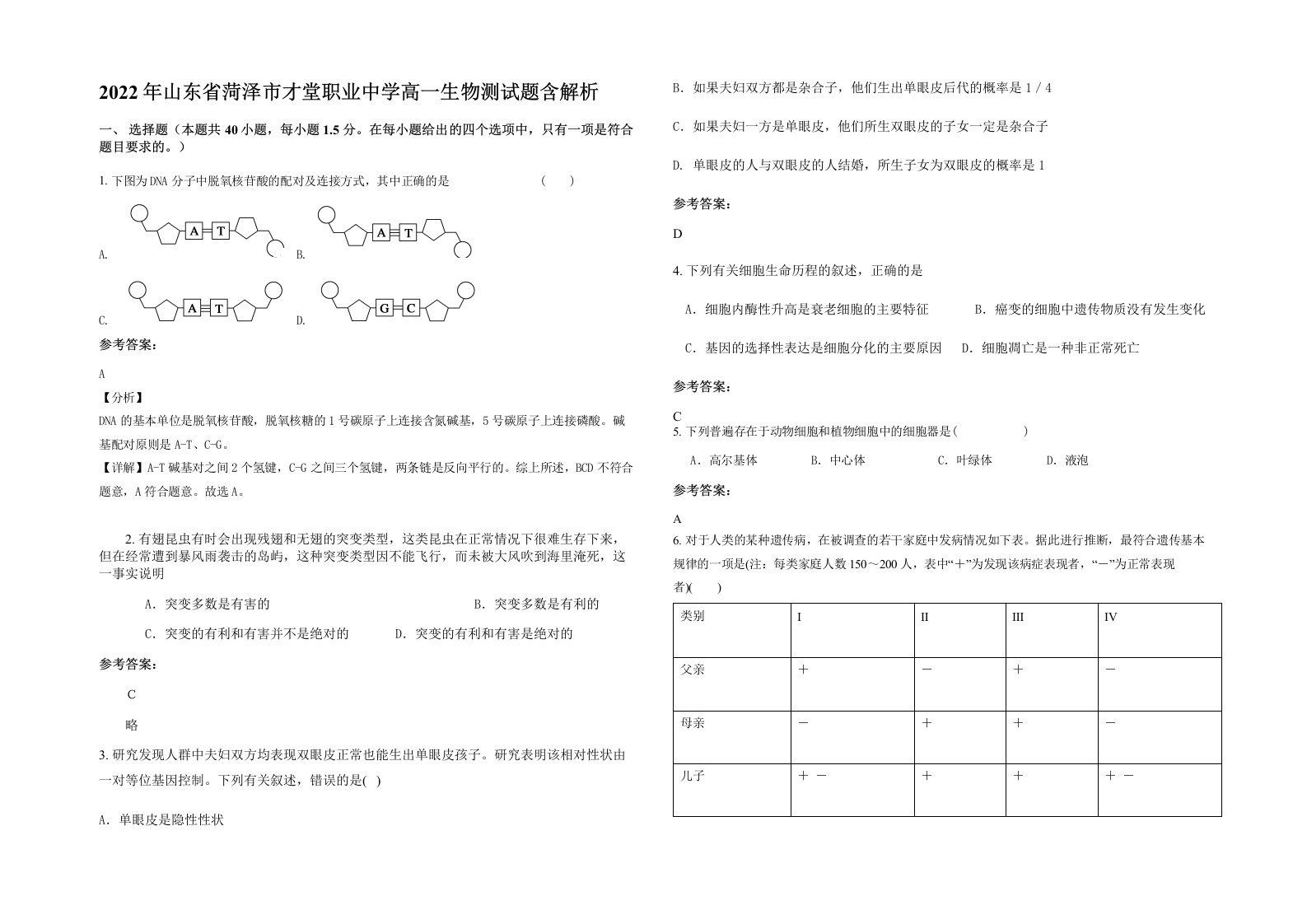 2022年山东省菏泽市才堂职业中学高一生物测试题含解析