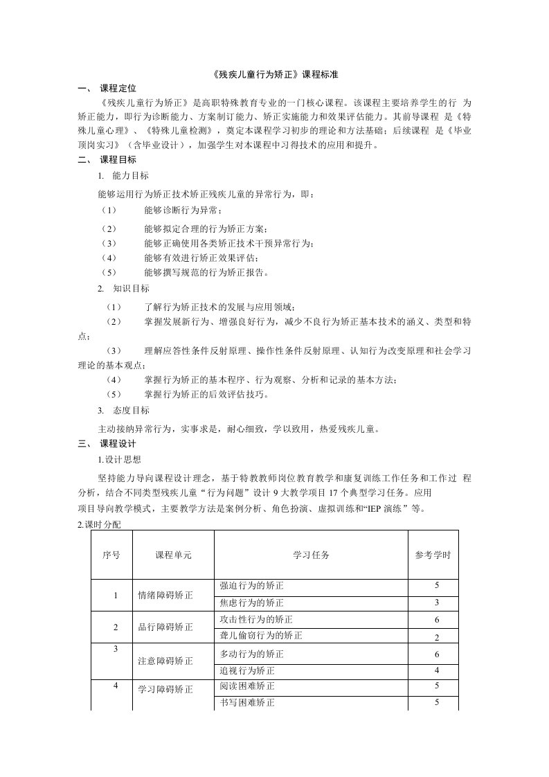 残疾儿童行为矫正课程标准