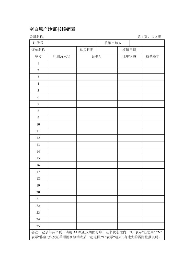 空白原产地证书核销表