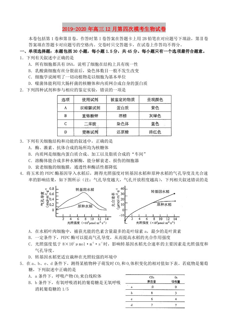 2019-2020年高三12月第四次模考生物试卷