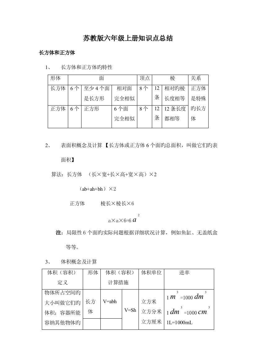 2023年苏教版六年级数学上册知识点总结