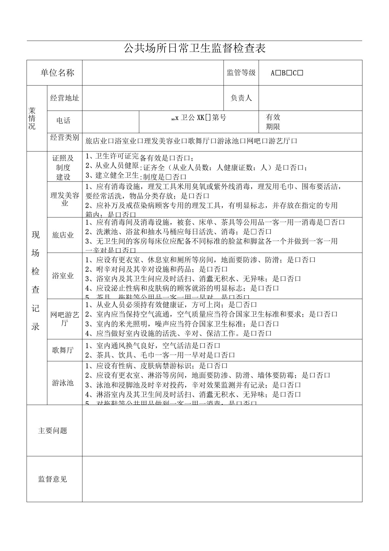 公共场所日常卫生监督检查表