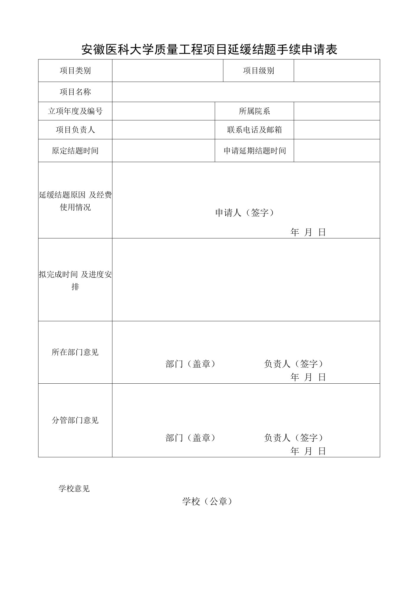 安徽医科大学质量工程项目延缓结题手续申请表