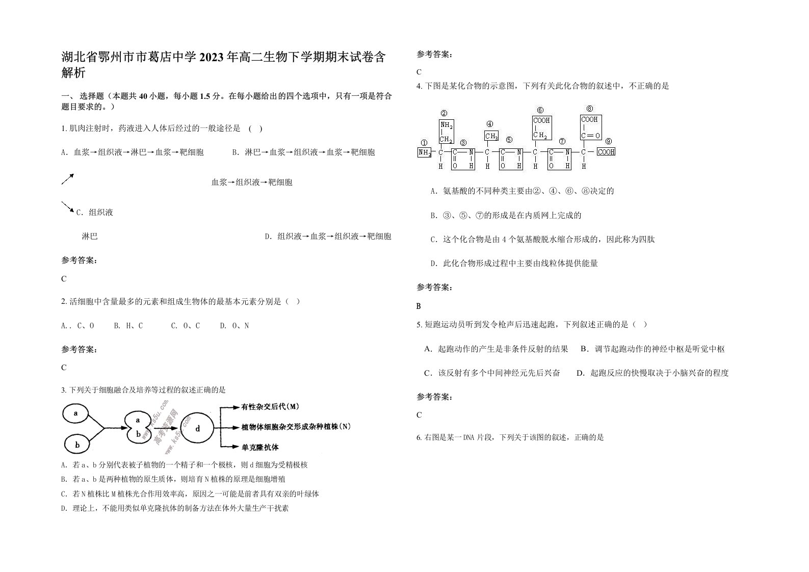 湖北省鄂州市市葛店中学2023年高二生物下学期期末试卷含解析