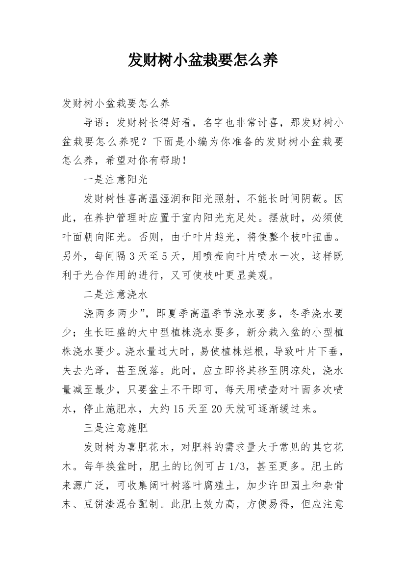 发财树小盆栽要怎么养