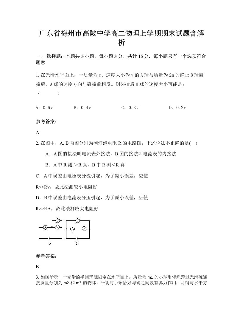 广东省梅州市高陂中学高二物理上学期期末试题含解析