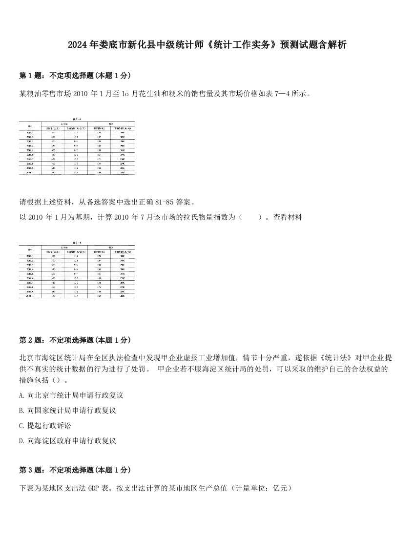 2024年娄底市新化县中级统计师《统计工作实务》预测试题含解析