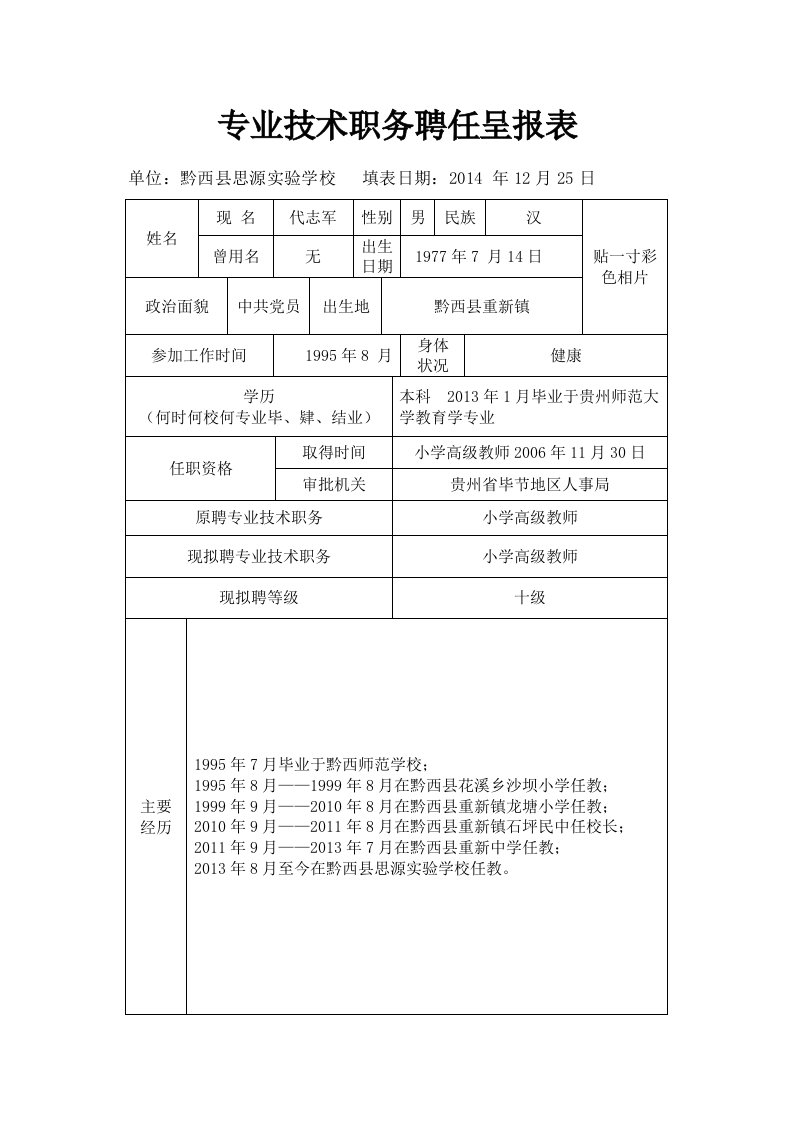 专业技术职务聘任呈报表