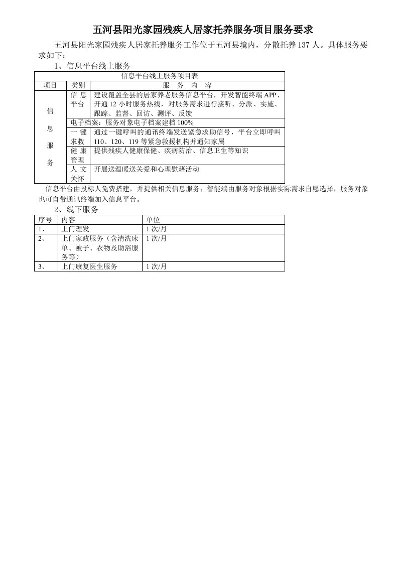 五河阳光家园残疾人居家托养服务项目服务要求