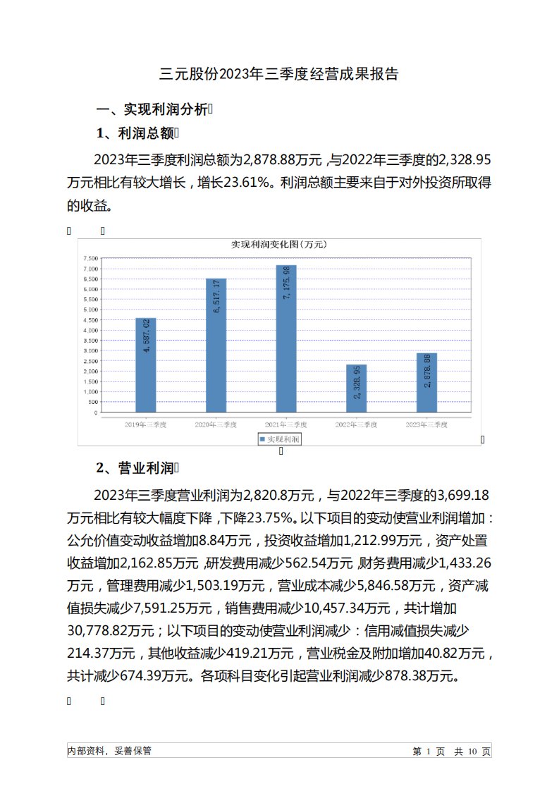 600429三元股份2023年三季度经营成果报告