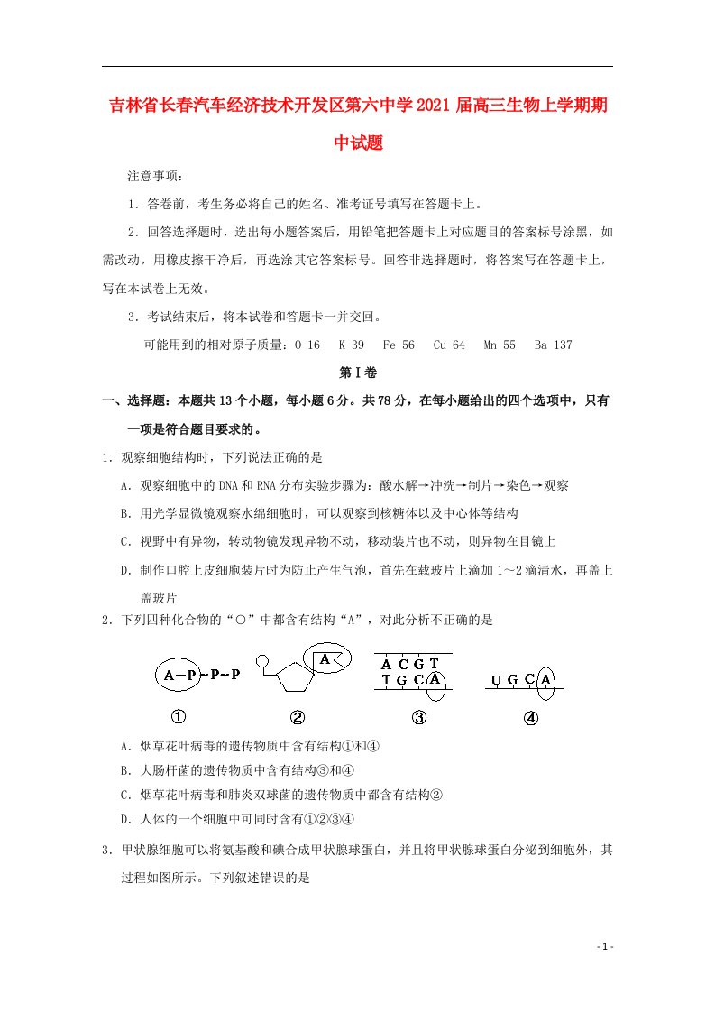 吉林省长春汽车经济技术开发区第六中学2021届高三生物上学期期中试题