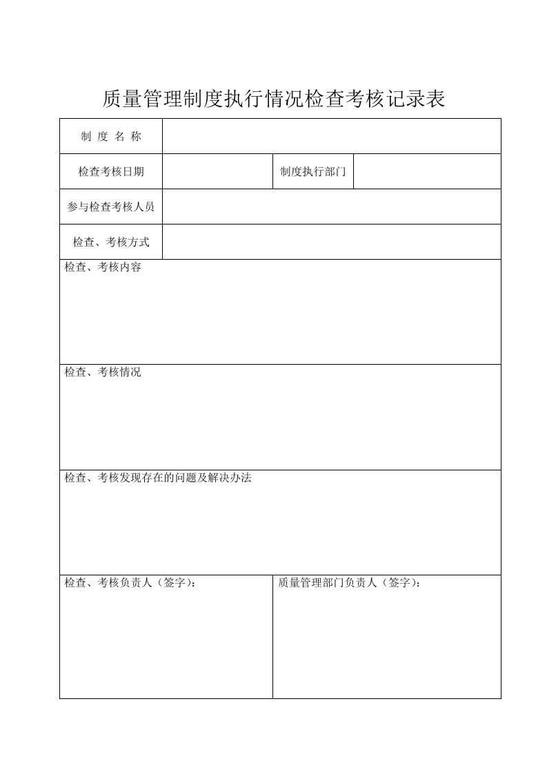 质量管理制度执行情况检查考核记录表