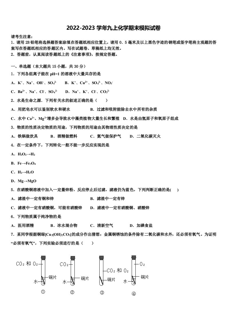 2022-2023学年江苏省扬州市江都区邵凡片九年级化学第一学期期末联考试题含解析