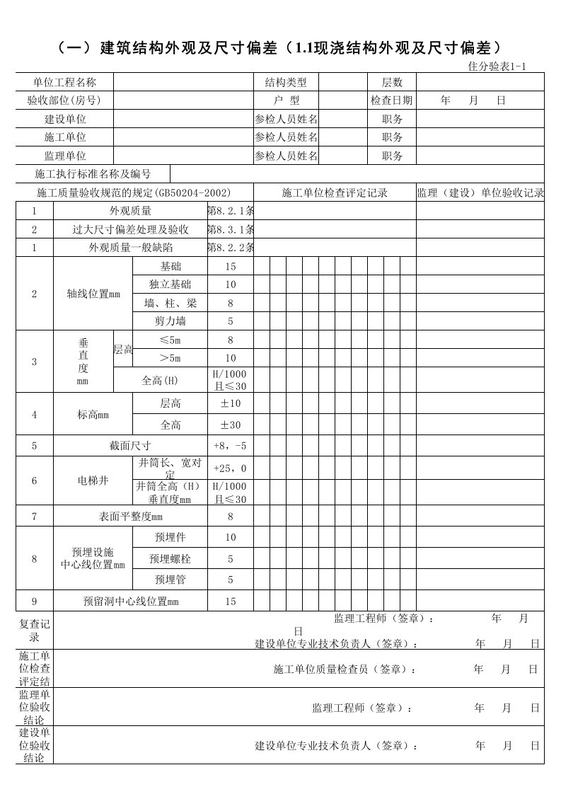 湖南省住宅工程质量分户验收表格