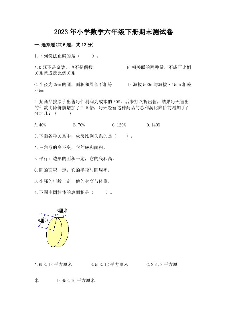 2023年小学数学六年级下册期末测试卷带答案（模拟题）