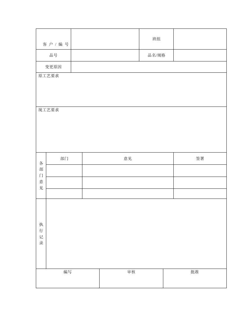 工艺变更通知单（表格模板、DOC格式）