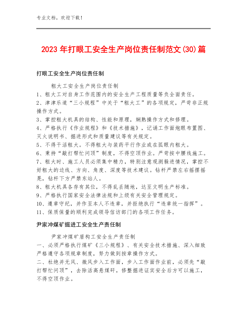 2023年打眼工安全生产岗位责任制范文(30)篇