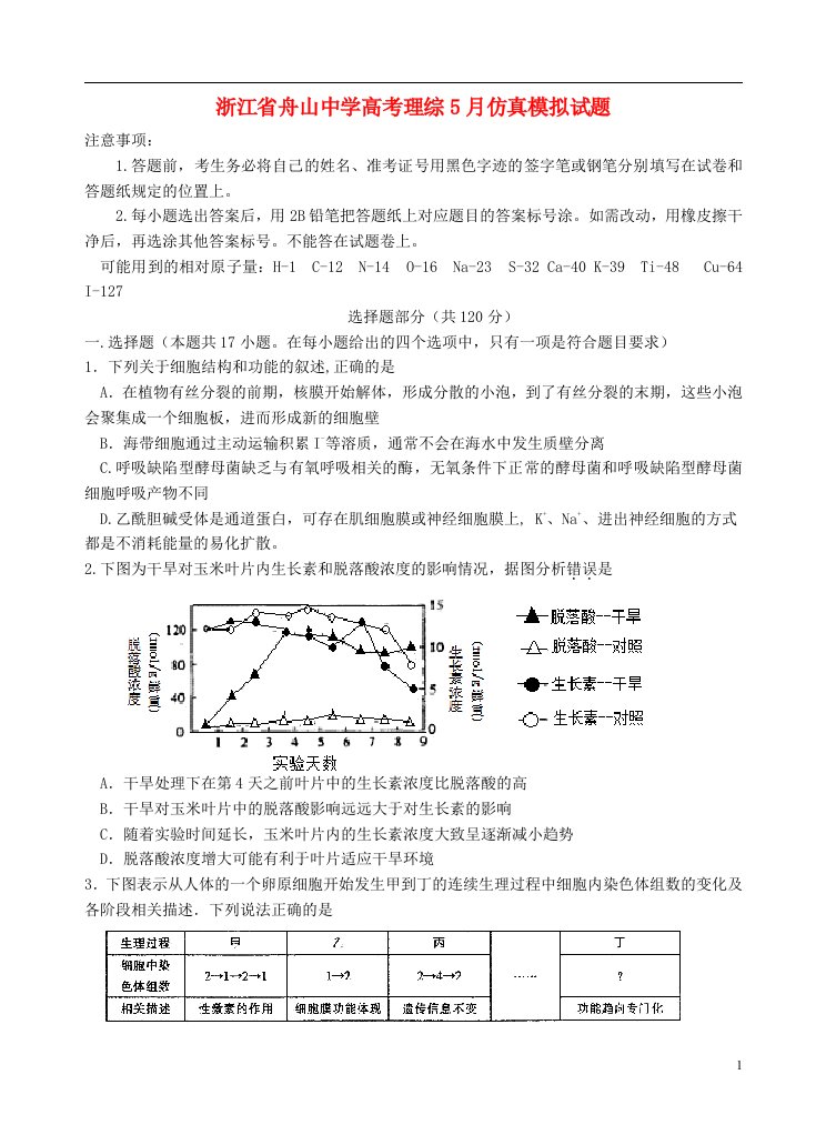 浙江省舟山中学高考理综5月仿真模拟试题