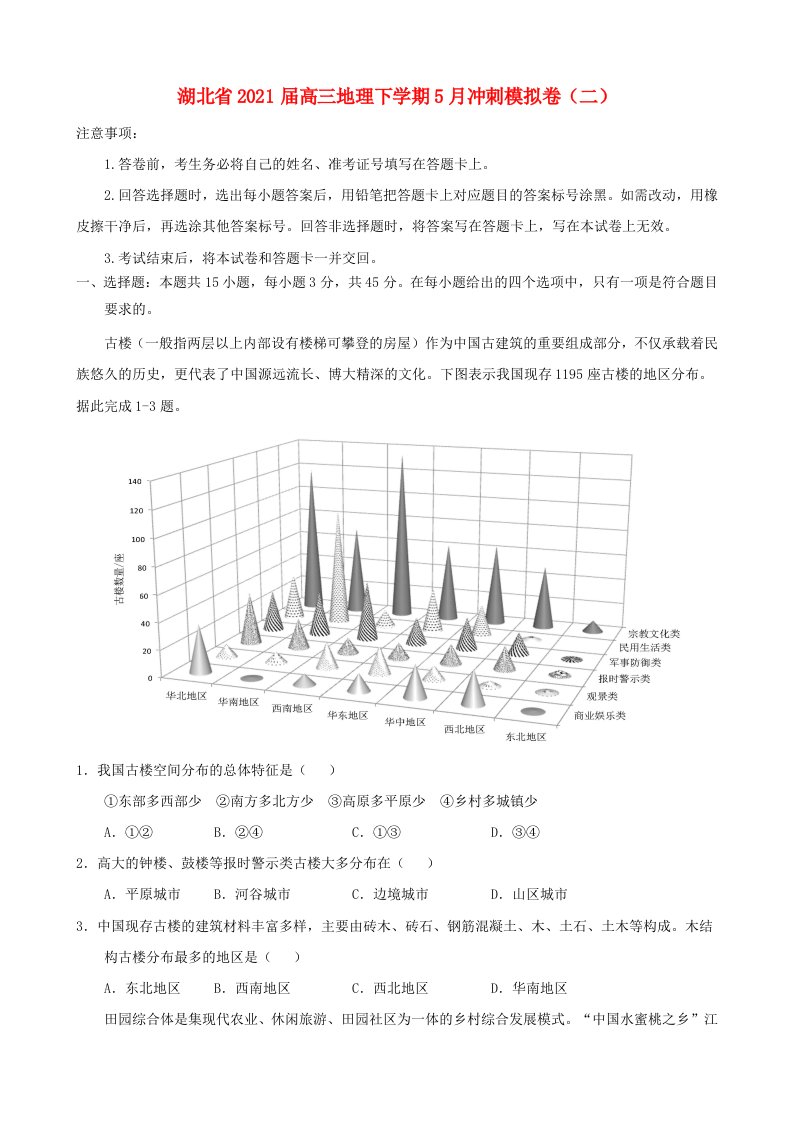 湖北省2021届高三地理下学期5月冲刺模拟卷二