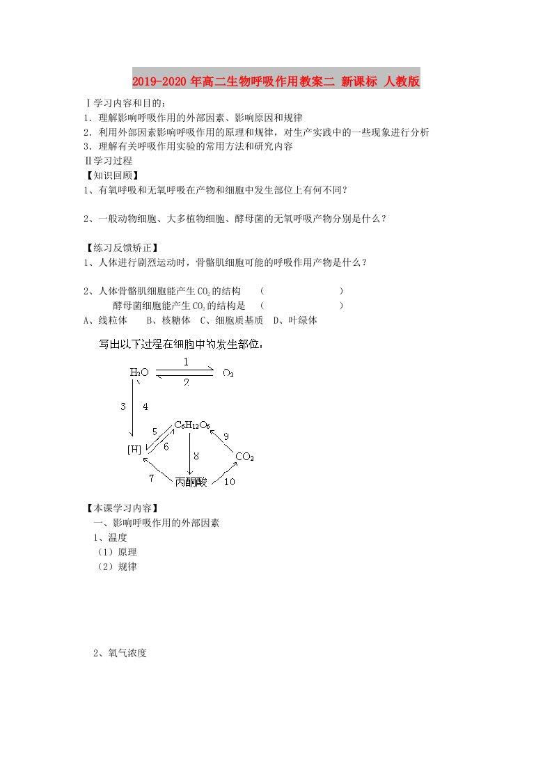 2019-2020年高二生物呼吸作用教案二