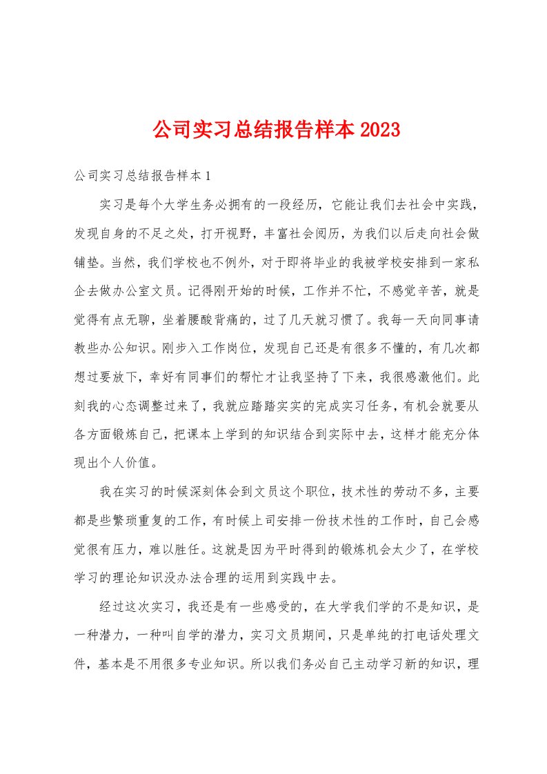 公司实习总结报告样本2023