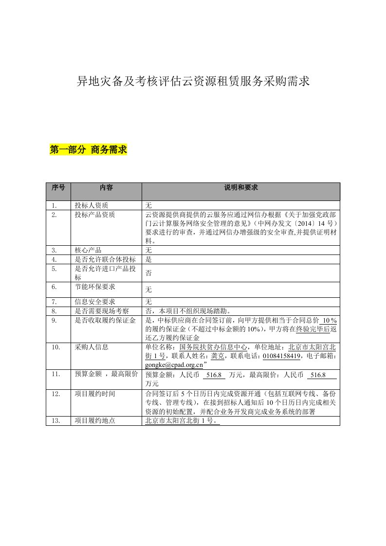 异地灾备及考核云资源租赁服务采购需求