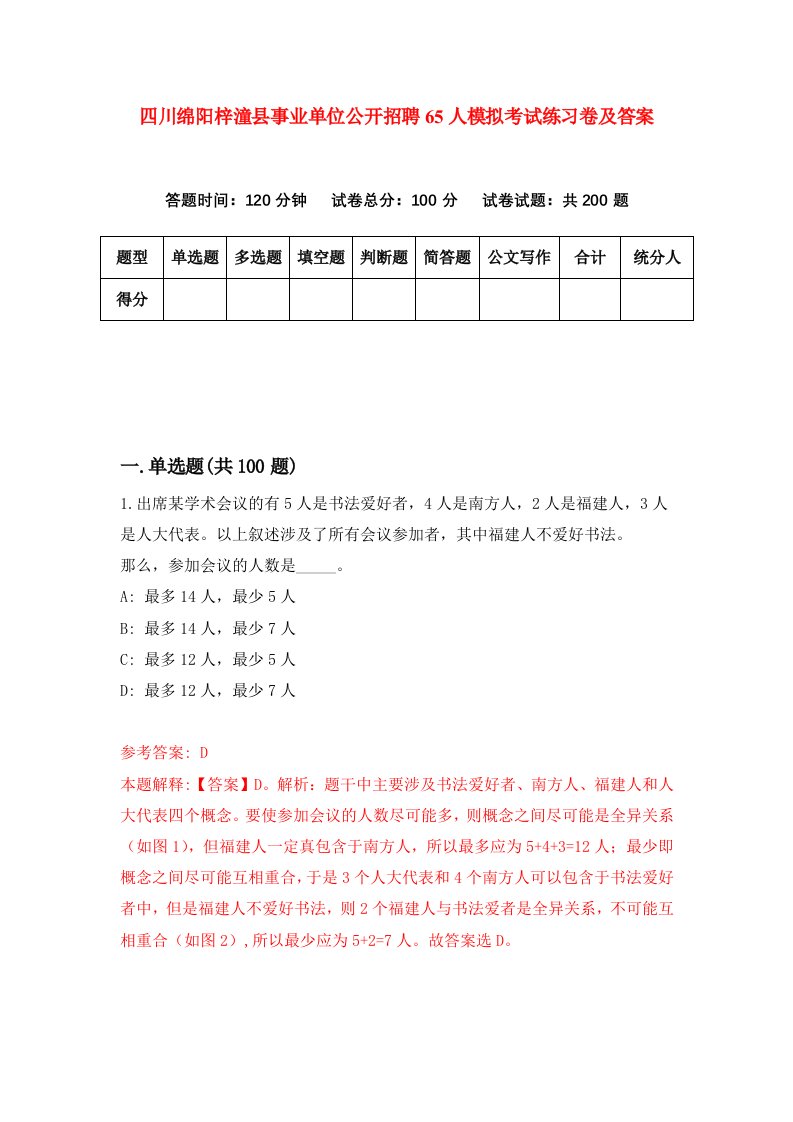 四川绵阳梓潼县事业单位公开招聘65人模拟考试练习卷及答案第6期