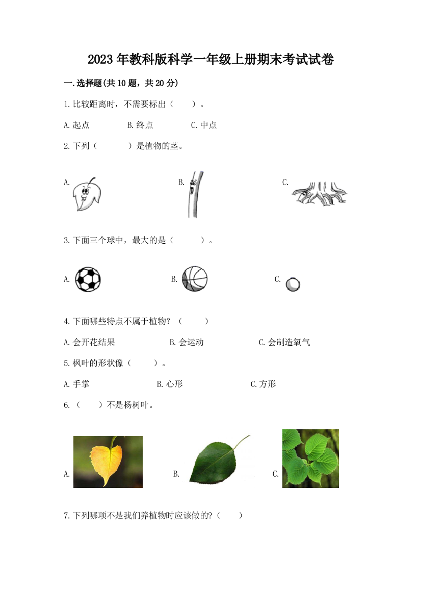 2023年教科版科学一年级上册期末考试试卷带答案（综合卷）