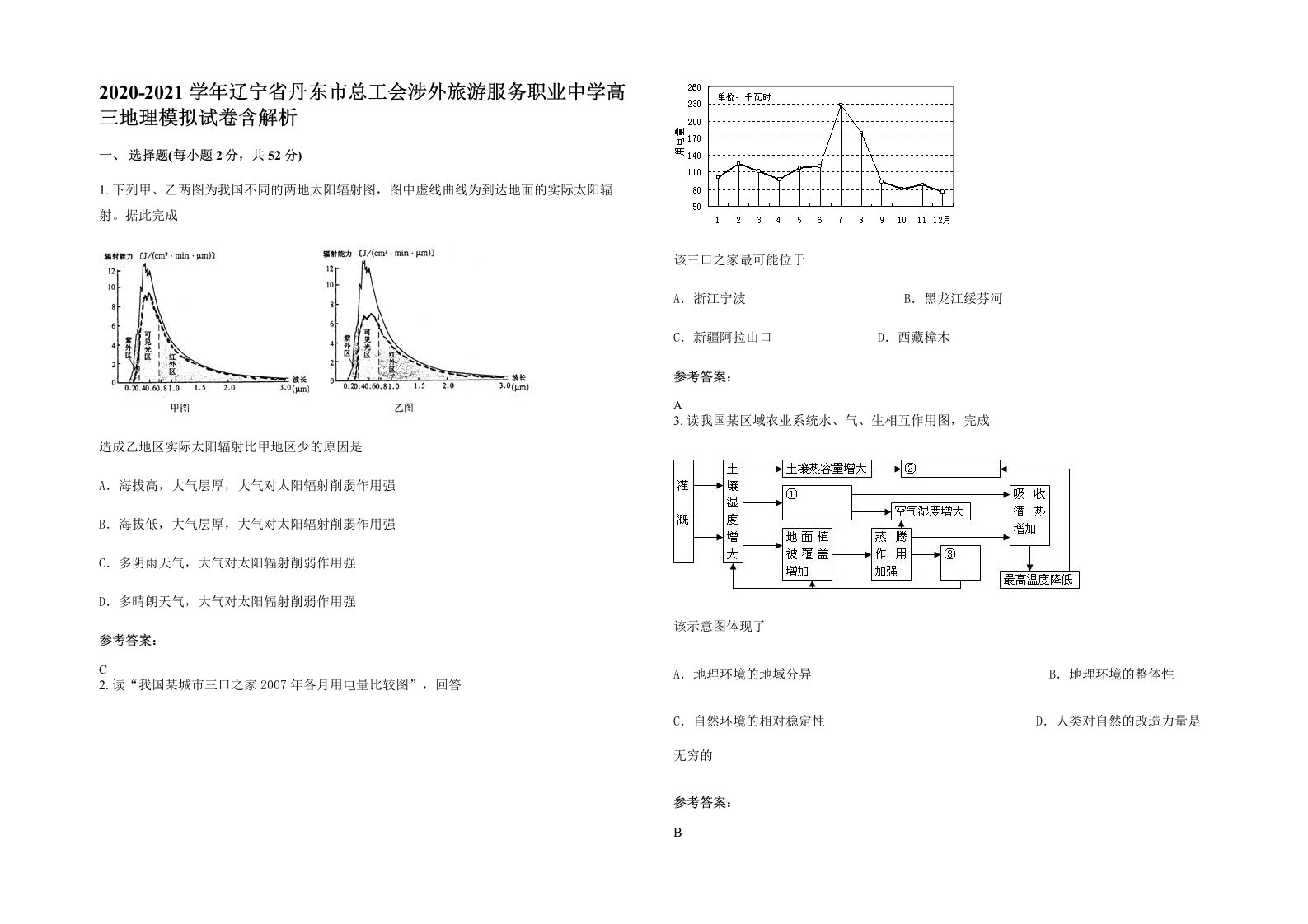 2020-2021学年辽宁省丹东市总工会涉外旅游服务职业中学高三地理模拟试卷含解析