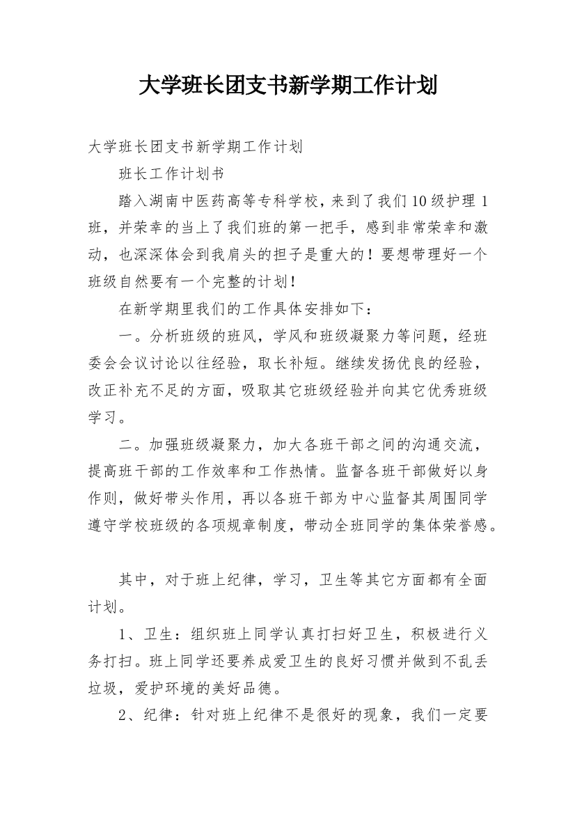 大学班长团支书新学期工作计划