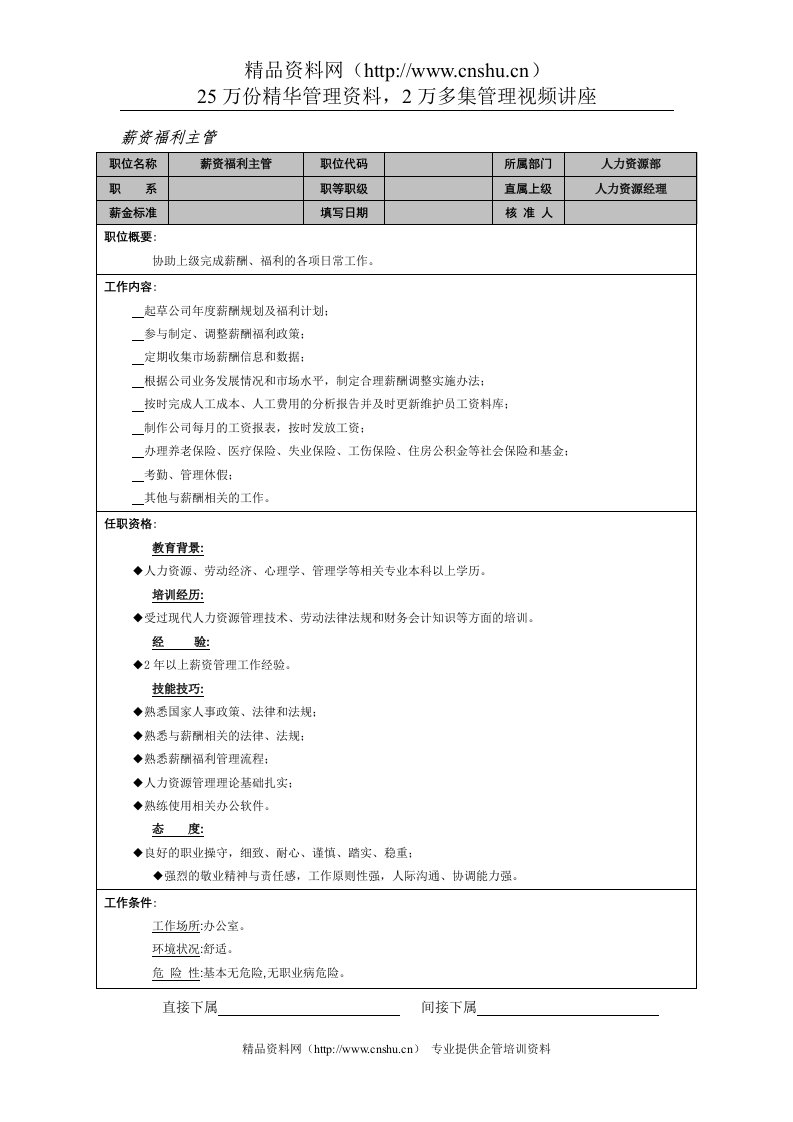 岗位职责-薪资福利主管