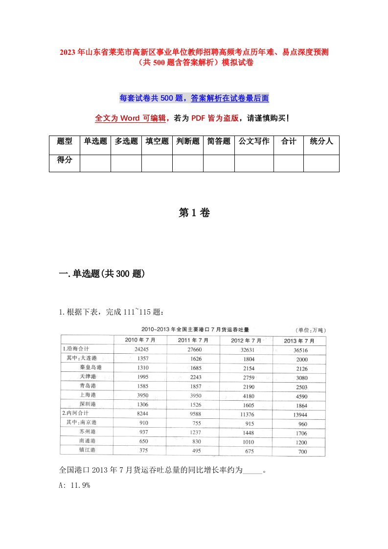 2023年山东省莱芜市高新区事业单位教师招聘高频考点历年难易点深度预测共500题含答案解析模拟试卷