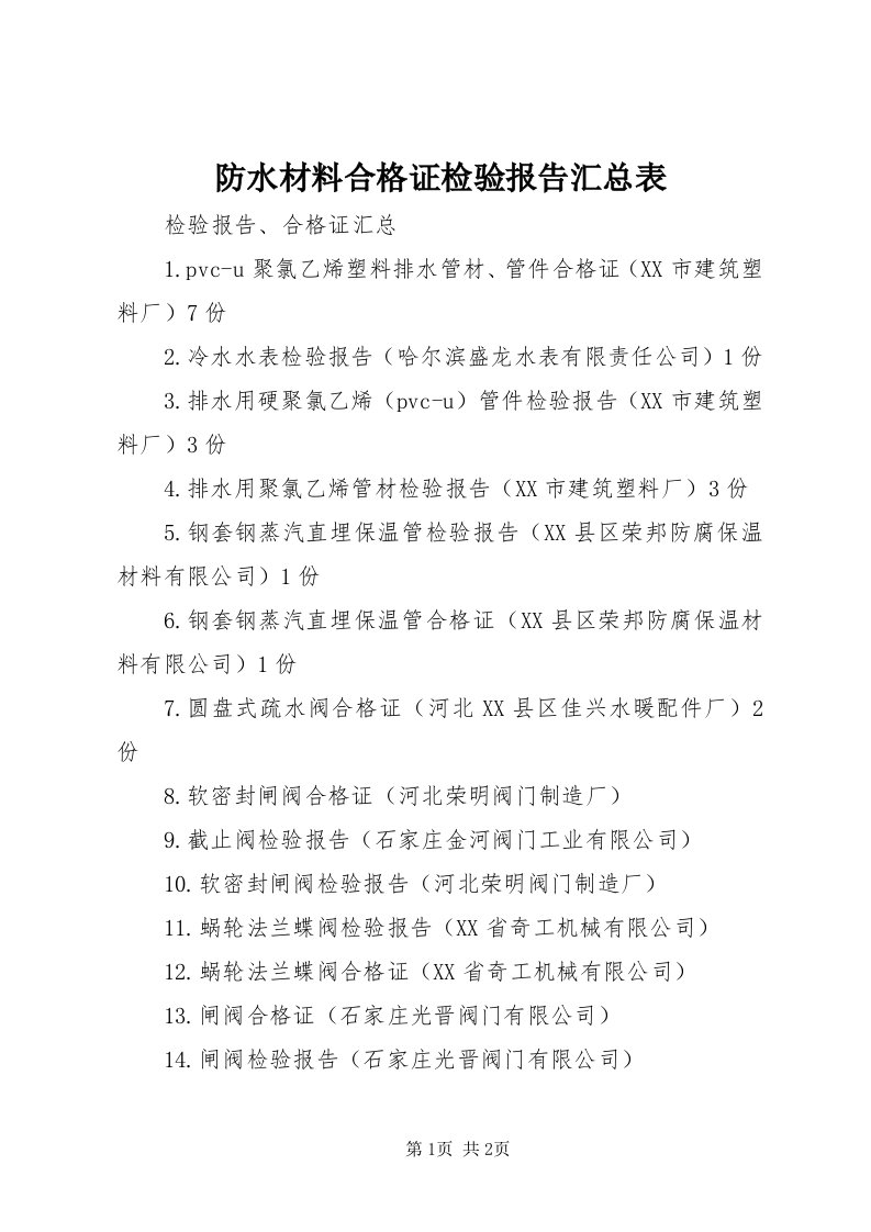 防水材料合格证检验报告汇总表