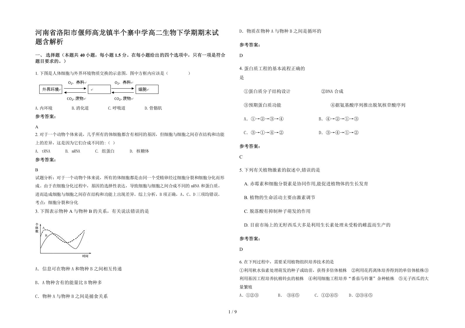 河南省洛阳市偃师高龙镇半个寨中学高二生物下学期期末试题含解析