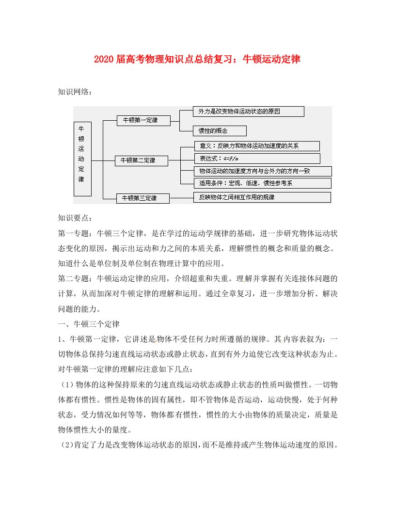 2020届高考物理知识点总结复习牛顿运动定律鲁科版