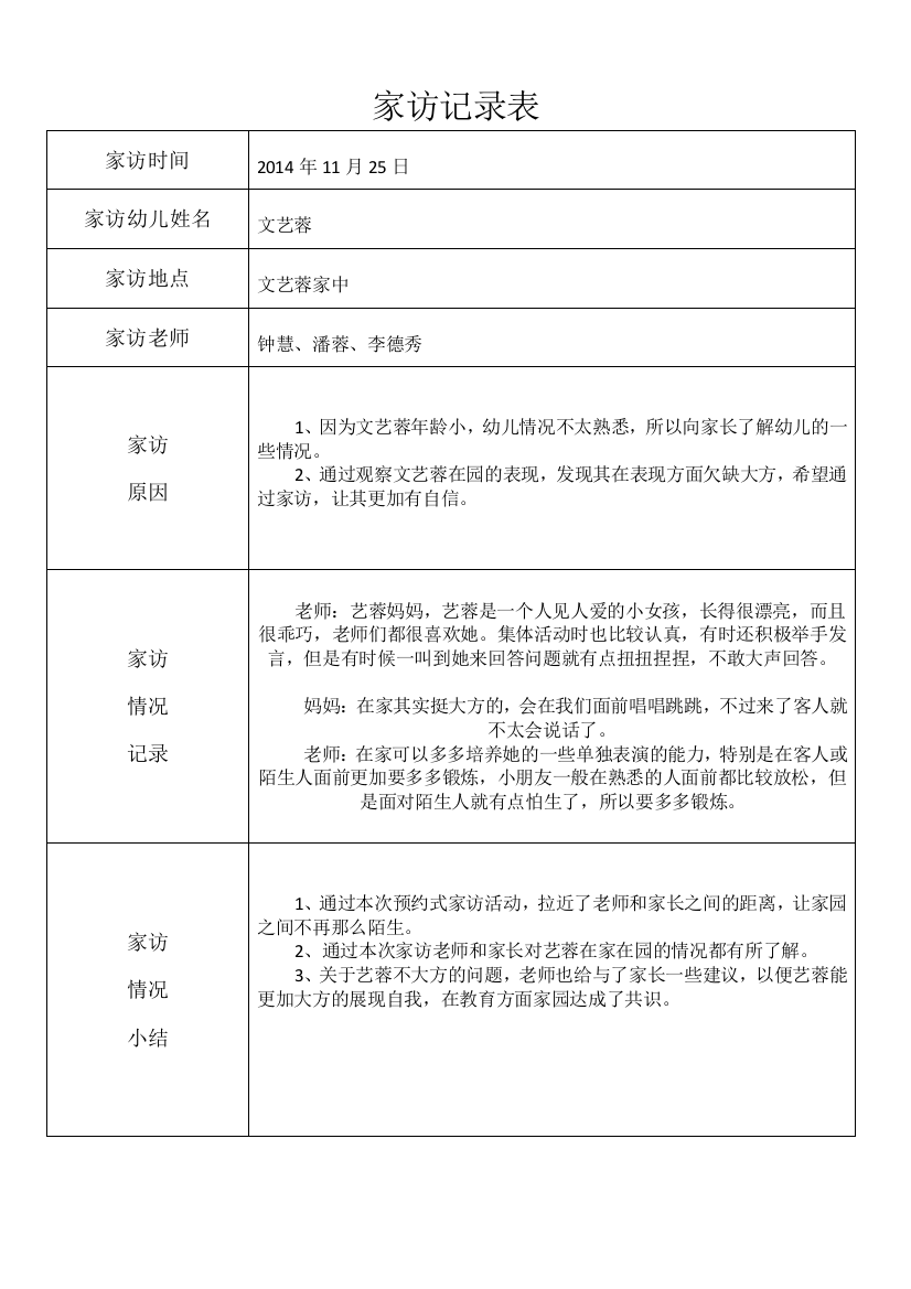 104班2014年11月家访记录表