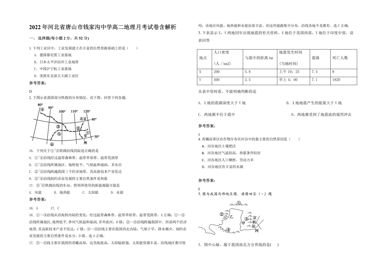 2022年河北省唐山市钱家沟中学高二地理月考试卷含解析