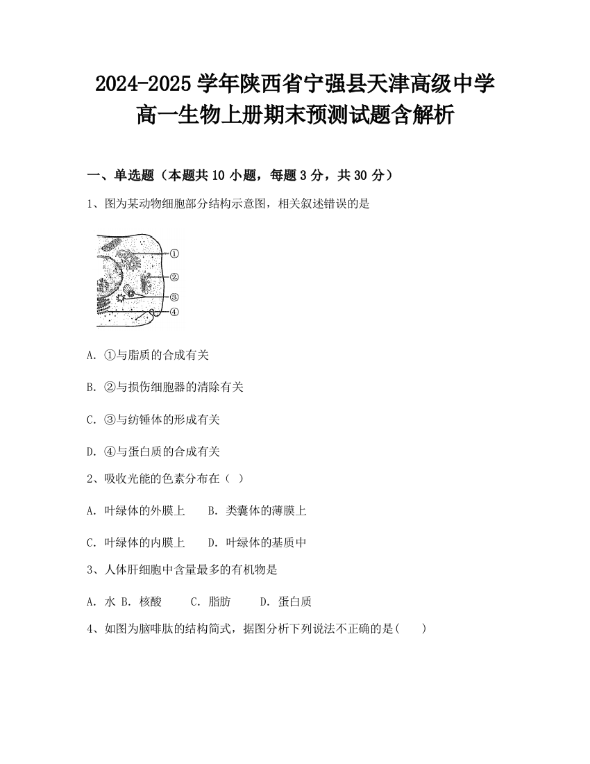 2024-2025学年陕西省宁强县天津高级中学高一生物上册期末预测试题含解析