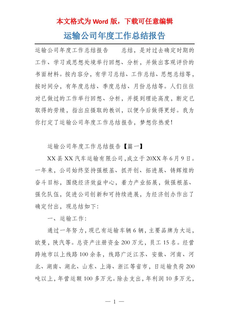 运输公司年度工作总结报告