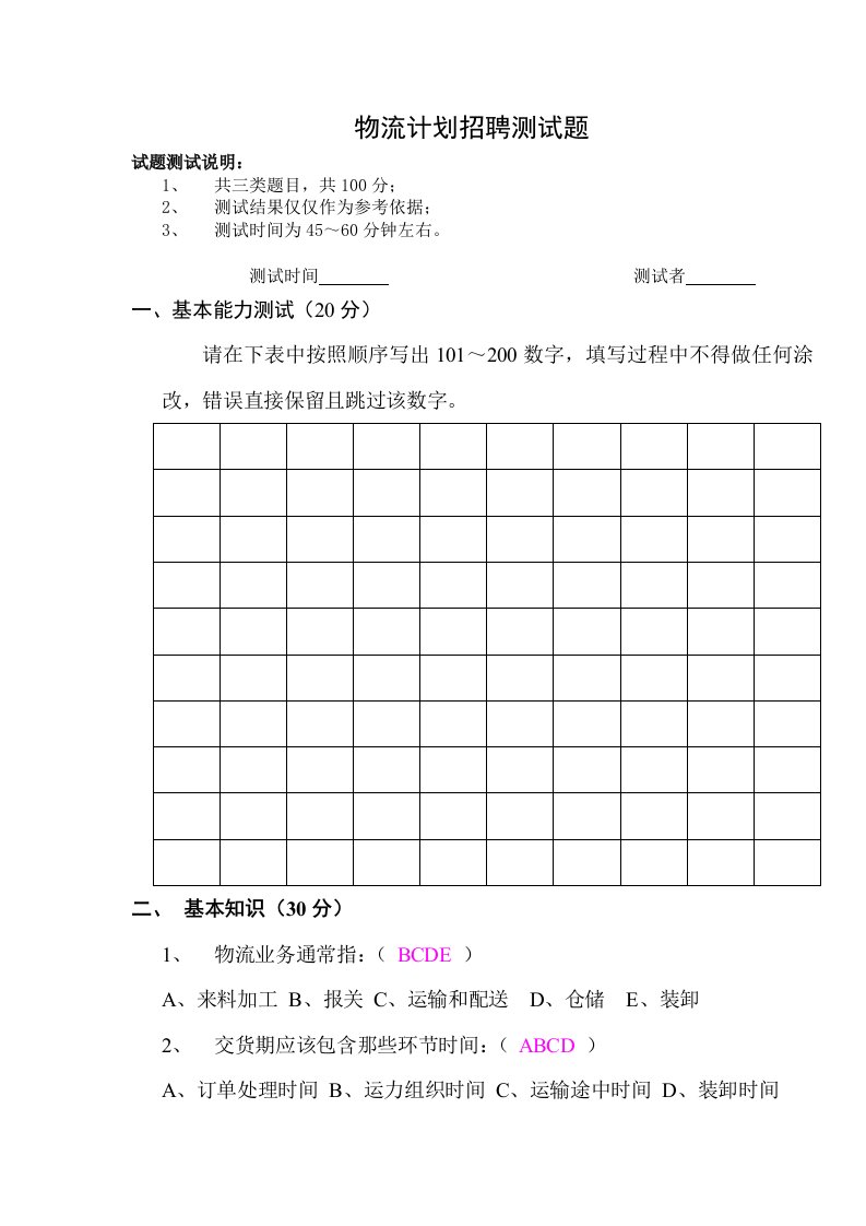 精品文档-物流计划招聘测试题答案