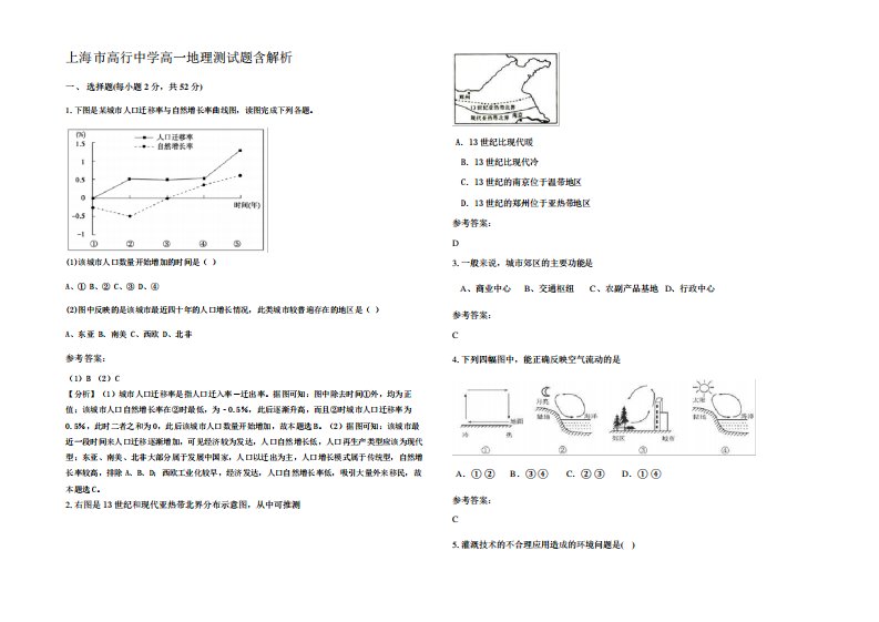 上海市高行中学高一地理测试题含解析