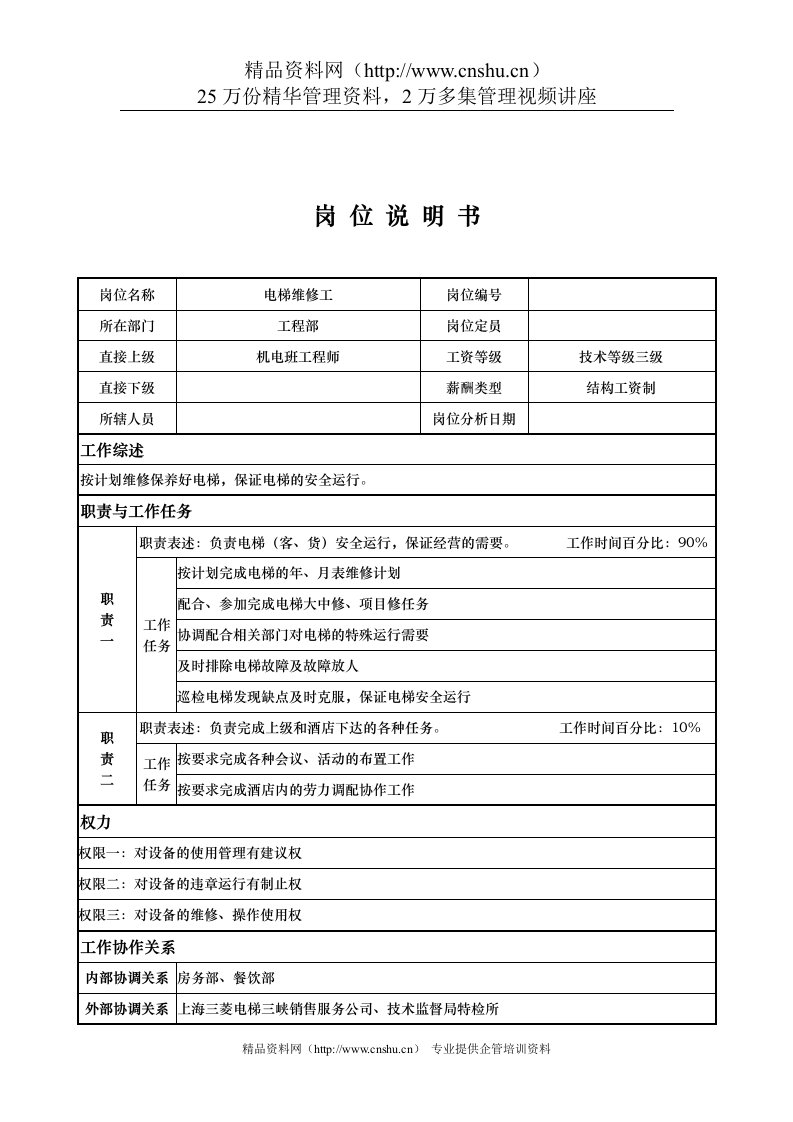 工程部电梯维修工岗位说明书