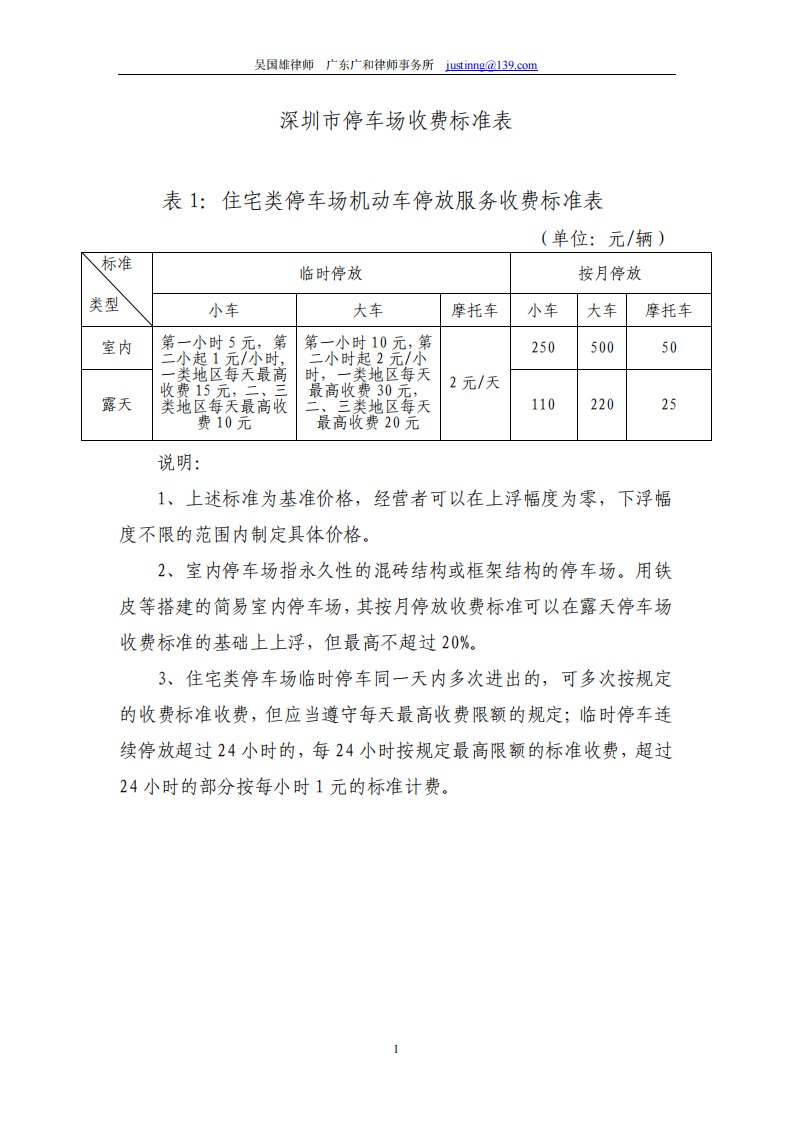 深圳市停车场收费标准表