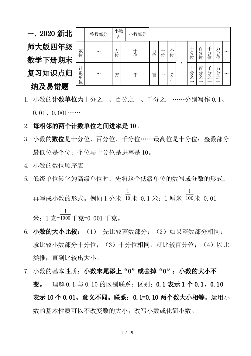 2020新北师大版四年级数学下册期末复习知识点归纳及易错题