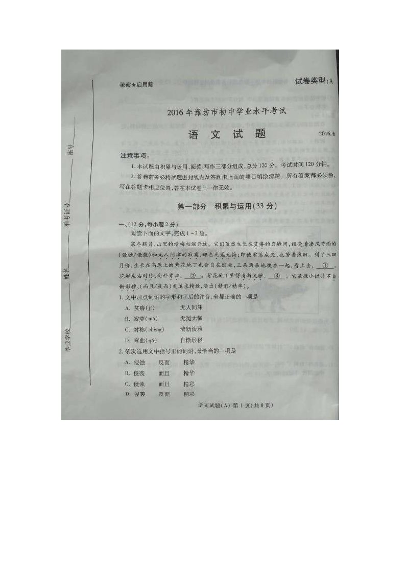 山东省潍坊市中考语文及答案