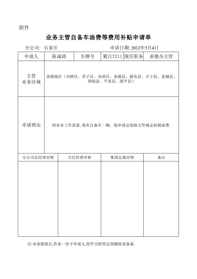 油费补贴申请单