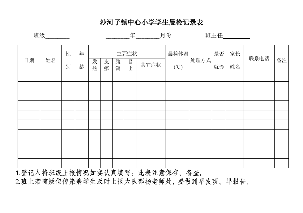 小学学生晨检记录表