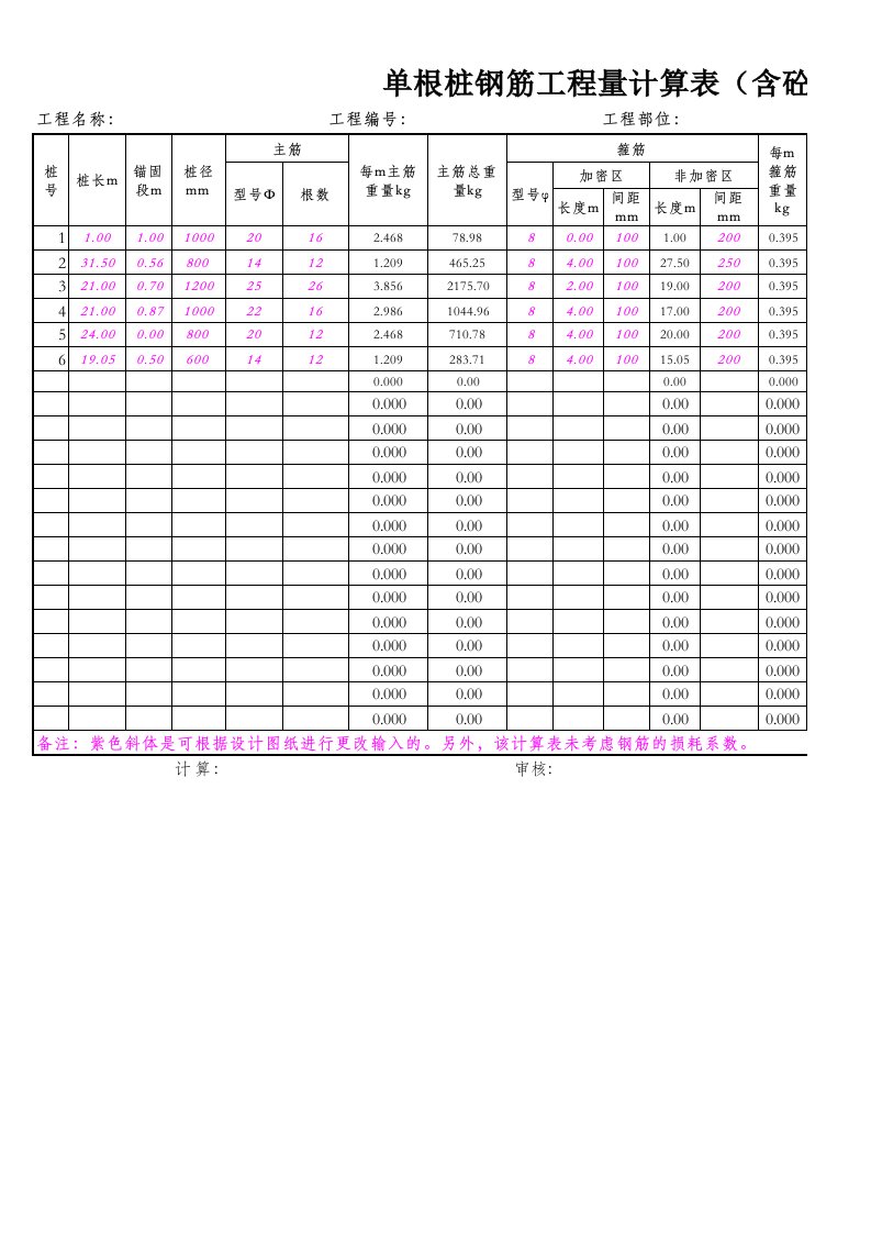 钻孔灌注桩钢筋量计算(含砼)