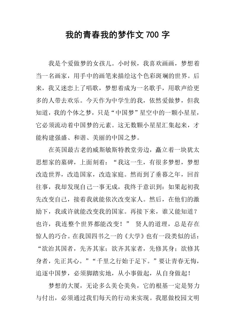 我的青春我的梦作文700字